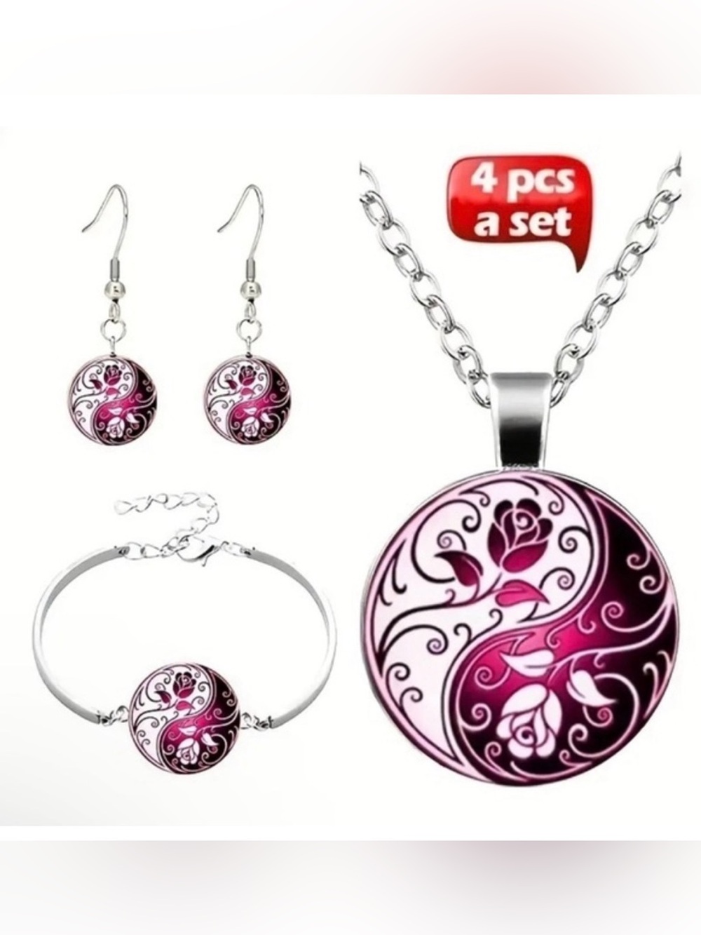 NWT! Rose Tai Chi Time Gem Necklace&Bracelet&Earring Jewelry Set.
